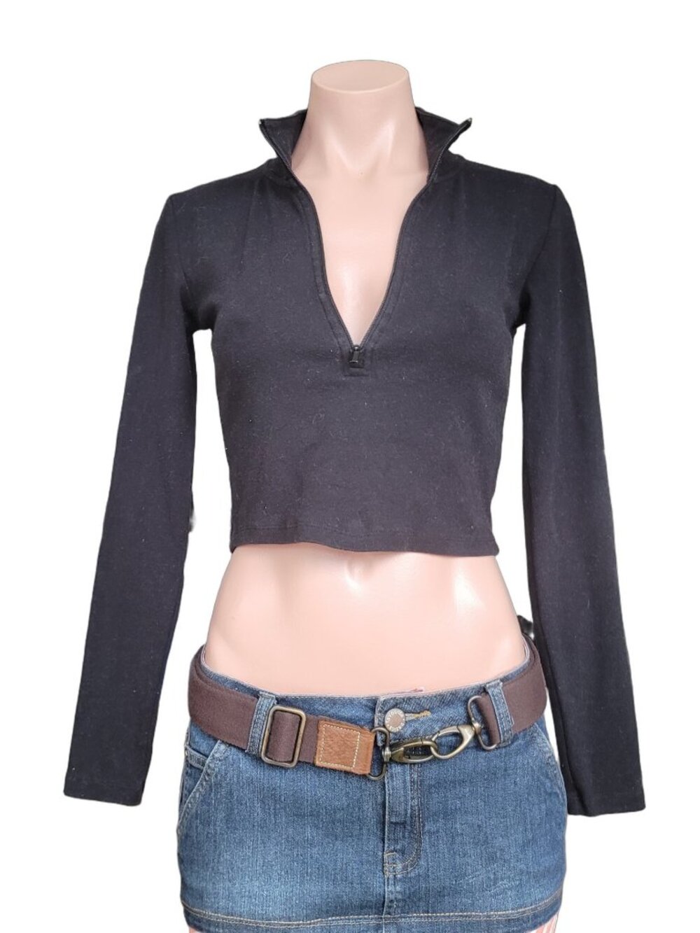 SUNDAY BEST Black Half Zip Cropped Long Sleeve Top (S)